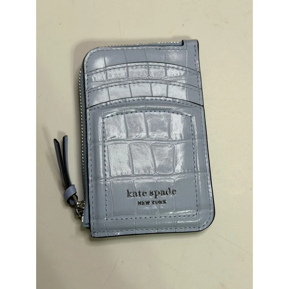 Kate Spade Light Blue Croc Embossed Leather L-Zip Card Holder Wallet Slim Small